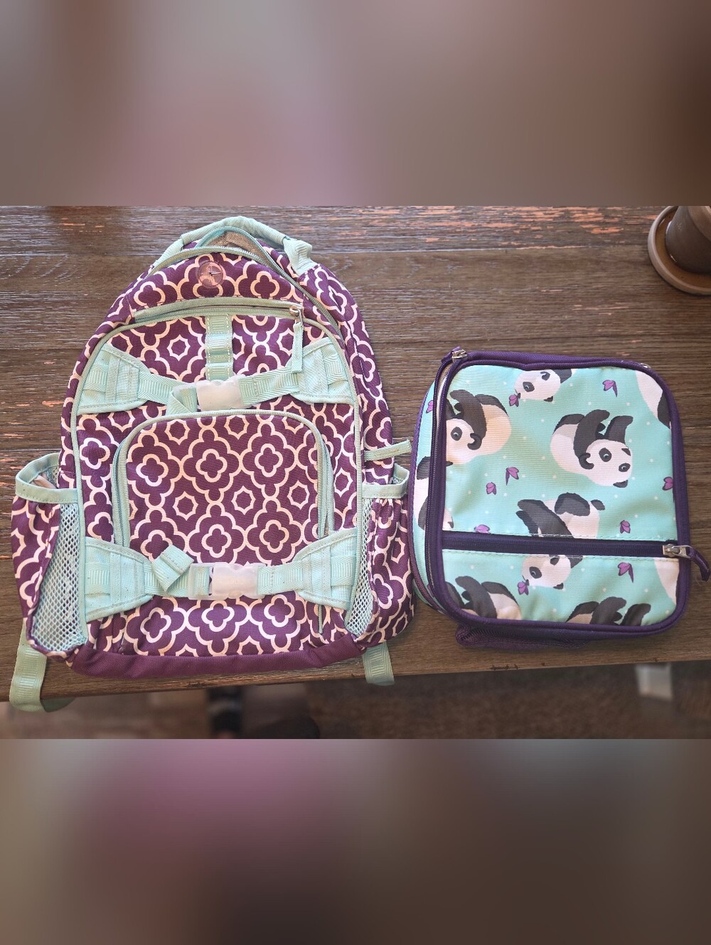 Pottery Barn Kids Purple and Mint Geometric Backpack with Panda Mint Lunch Bag